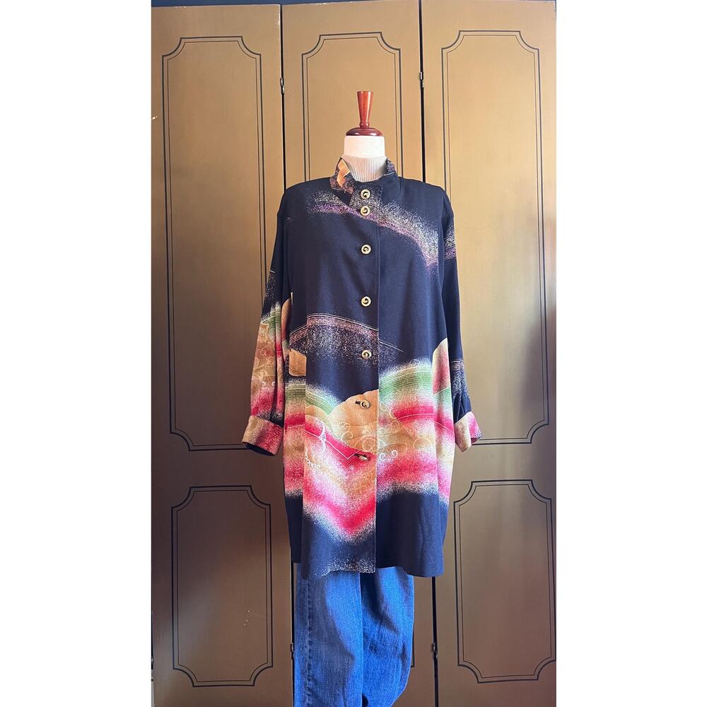 Vintage maxi jacket with Asian inspired prints, size L